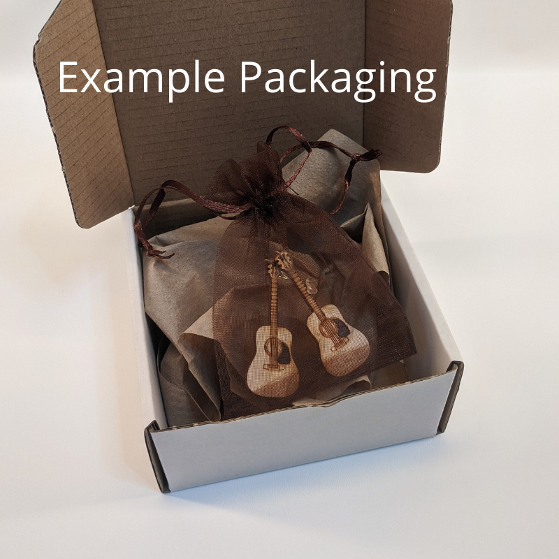 A pair of lightweight wooden earrings shaped like musical instruments, featuring sterling silver ear wires, beautifully crafted from Birchwood.