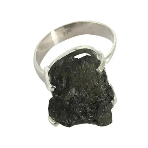 A stunning Rough Moldavite Silver Ring featuring a unique rough Moldavite stone set in a 925 sterling silver band, showcasing its natural beauty.