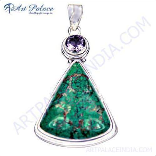 Natural Amethyst and Turquoise Silver Triangle Pendant showcasing vibrant gemstones in a stylish silver setting.