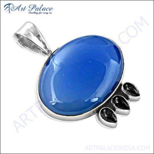Natural Amethyst and Blue Chalcedony Gemstone Pendant set in 925 Silver, showcasing vibrant colors and intricate design.