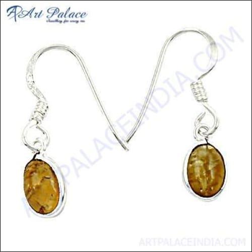 Natural Golden Rutilated Gemstone Silver Earrings showcasing unique design and craftsmanship with golden inclusions in quartz.