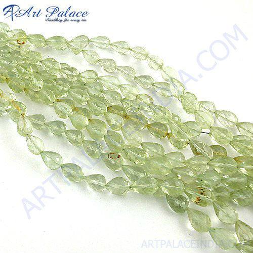 Natural Green Amethyst Beads strands showcasing vibrant green hues, perfect for elegant jewelry designs.