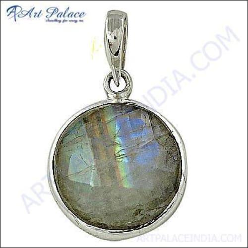 Natural Rainbow Moonstone Gemstone Silver Pendant showcasing its unique sheen and elegant design, perfect for any occasion.