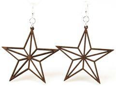 A pair of Nautical Star Outline Earrings made from sustainably sourced wood, featuring a brown stain and silver-finished stainless steel ear wires.