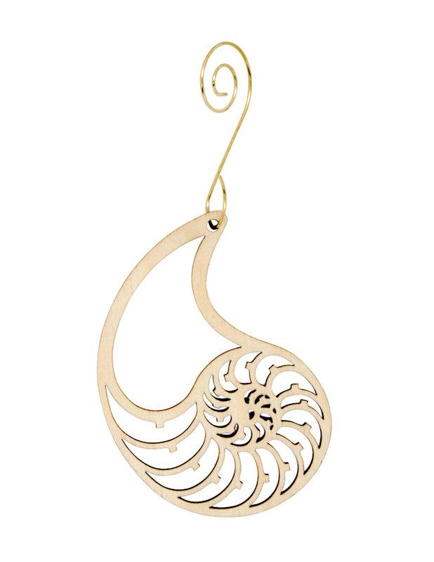 Nautilus Shell Ornament #9923 made from eco-friendly birch wood, featuring intricate laser-cut details and a water-based dye finish.