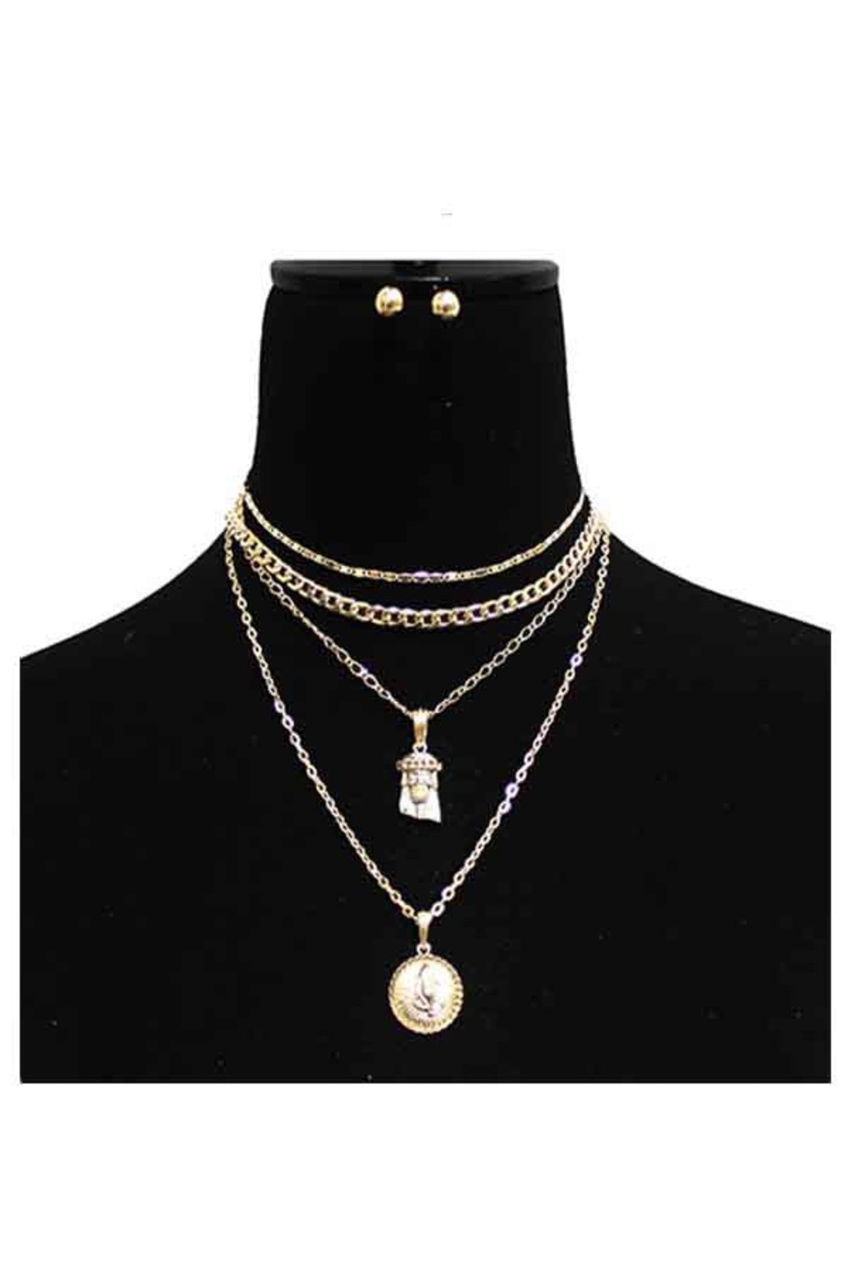 Four-layer religious necklace set featuring elegant design and adjustable clasp.