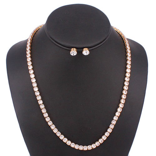 Elegant necklace set featuring full cubic zirconia stones, adjustable length, and a secure lobster claw clasp.