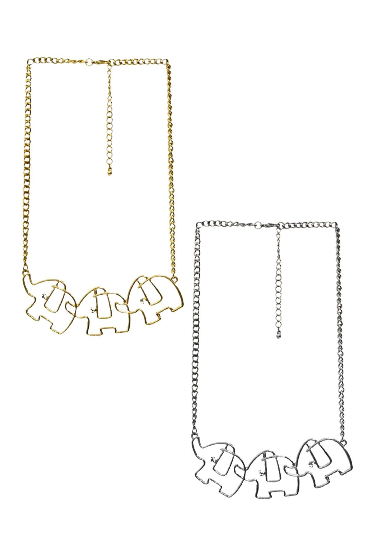 Elegant gold and rhodium plated elephant pendant necklace with matching earrings set, showcasing intricate design and craftsmanship.