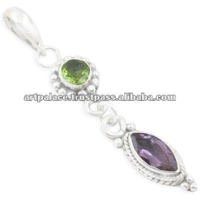 Amethyst and Peridot gemstone pendant crafted in 925 sterling silver, showcasing vibrant colors and intricate design.