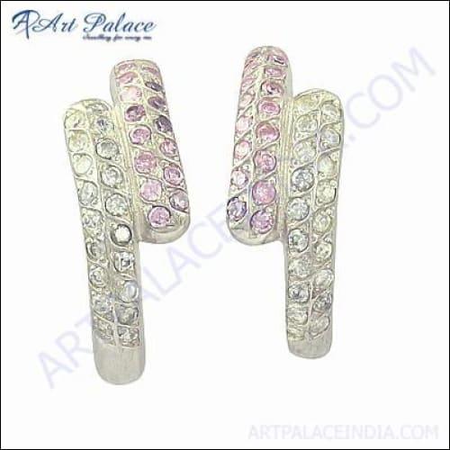 Elegant pink cubic zirconia gemstone silver earrings, showcasing a beautiful design with sparkling stones.
