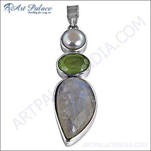 Elegant New Design Mabe Pearl, Prehnite & Rainbow Moonstone Pendant showcasing intricate craftsmanship and vibrant colors.