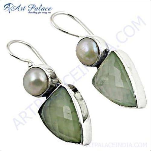 Elegant New Design Silver Earrings featuring a beautiful gemstone pearl, crafted from 925 Sterling Silver, showcasing intricate design and craftsmanship.