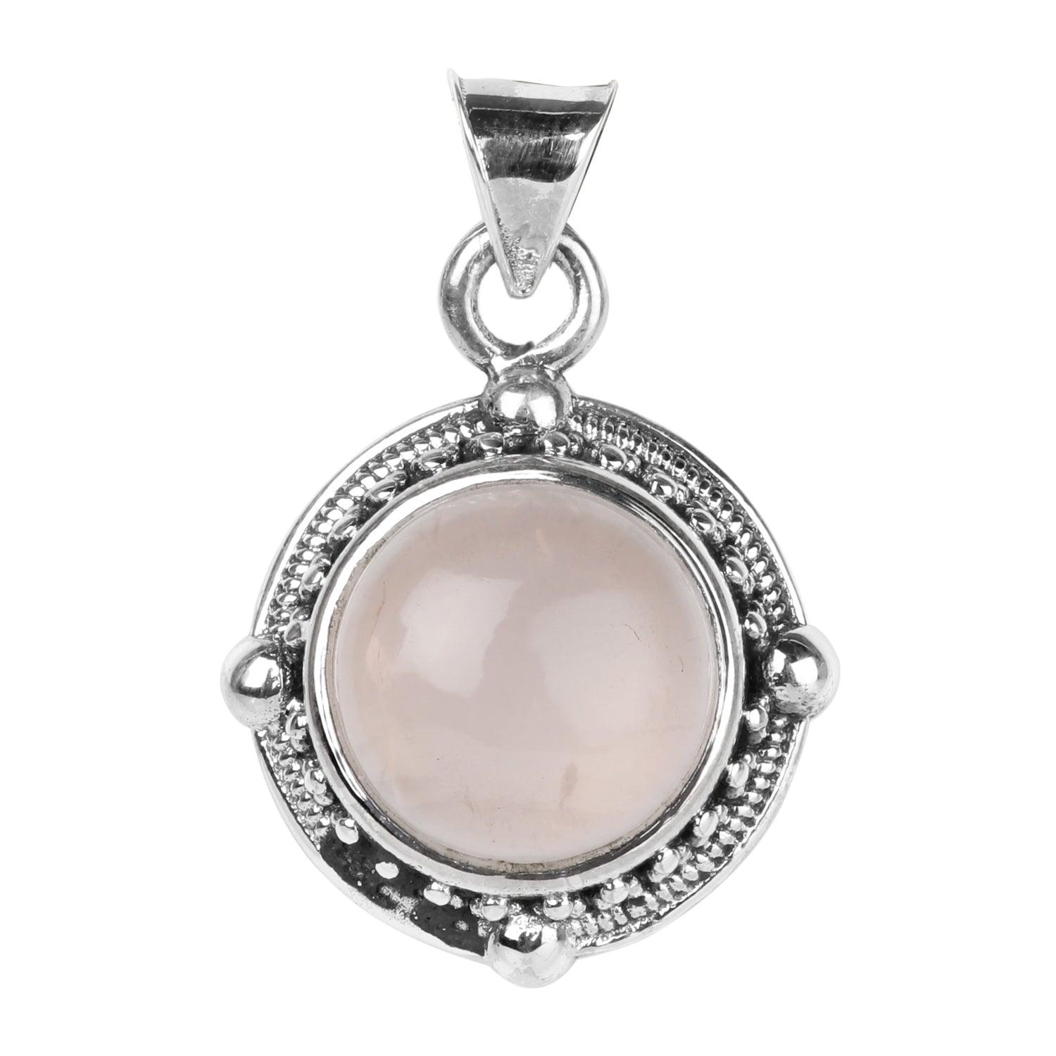 Sterling Silver Rose Quartz Round Cab Gemstone Pendant showcasing a beautiful pink cabochon set in a sleek silver design.