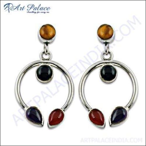 Elegant antique design multi-stone earrings made of 925 sterling silver, showcasing intricate craftsmanship and vibrant stones.