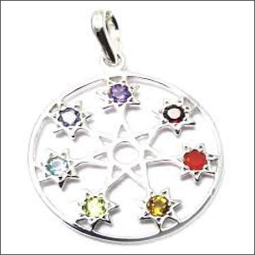 Chakra Seven Star Multi Gemstone Silver Pendant featuring seven colorful gemstones representing chakras, elegantly crafted in silver.