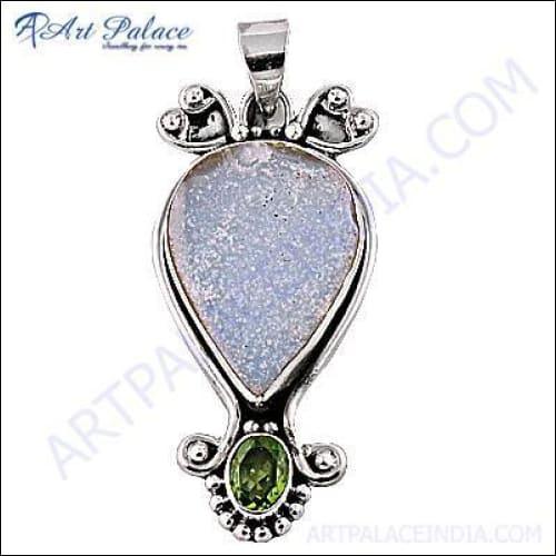 Newest Design Peridot Druzy Gemstone Silver Pendant showcasing vibrant green druzy crystals set in elegant silver.