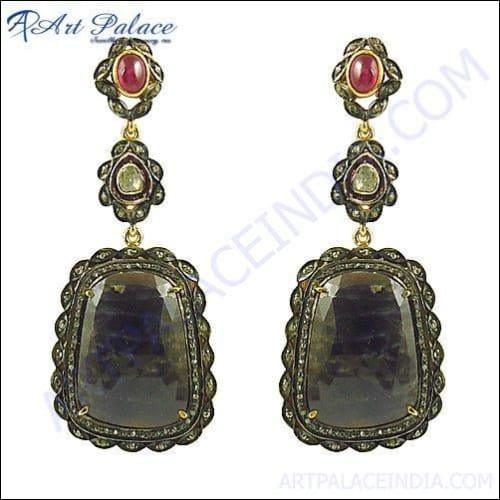 Victorian Diamond & Sapphire Earrings in 925 Sterling Silver, showcasing intricate design and sparkling gemstones.