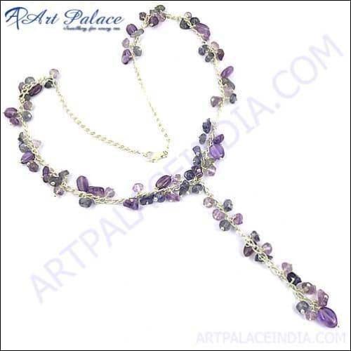 A beautifully crafted Semi-Precious Amethyst and Iolite Beaded Necklace featuring a unique button style design, showcasing vibrant purple and blue hues.