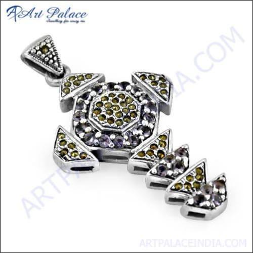 Amethyst Zirconia Gun Metal Cross Silver Pendant featuring intricate design and sparkling stones.