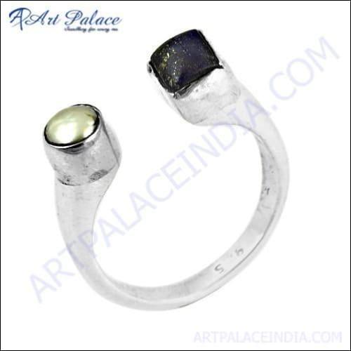 Newest Style Lapis Lazuli & Pearl Gemstone Silver Ring featuring 925 sterling silver with intricate design and vibrant blue lapis lazuli.