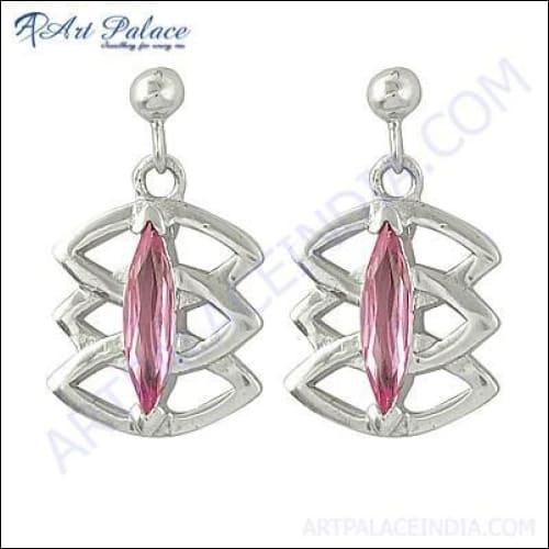 Newest style pink cubic zirconia gemstone silver earrings showcasing elegant design and sparkling finish.