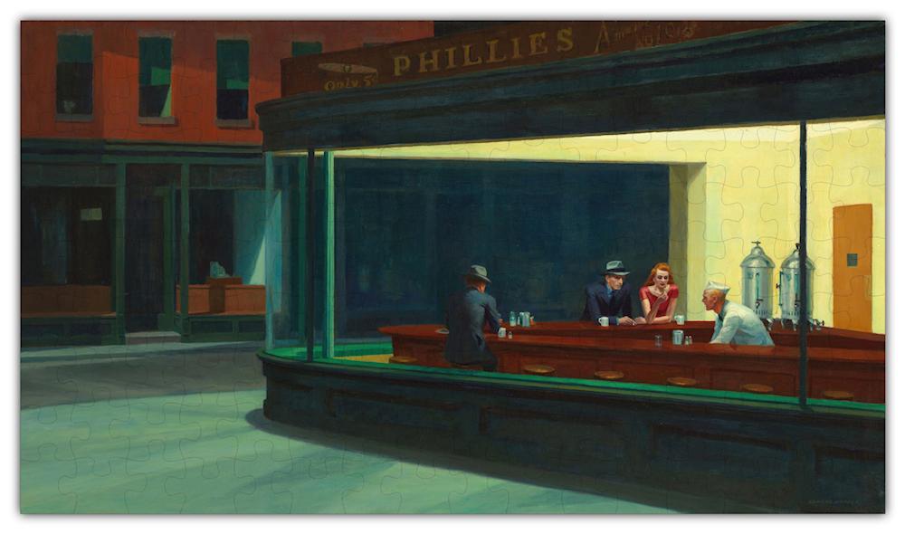 A beautifully crafted puzzle featuring Edward Hopper's Nighthawks painting, showcasing intricate pieces made from birch wood and recycled paper.
