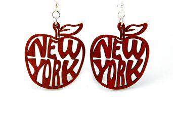 A pair of NY Apple Earrings #1416 made from sustainably sourced wood, featuring a vibrant cherry red color and silver-finished stainless steel ear wires.