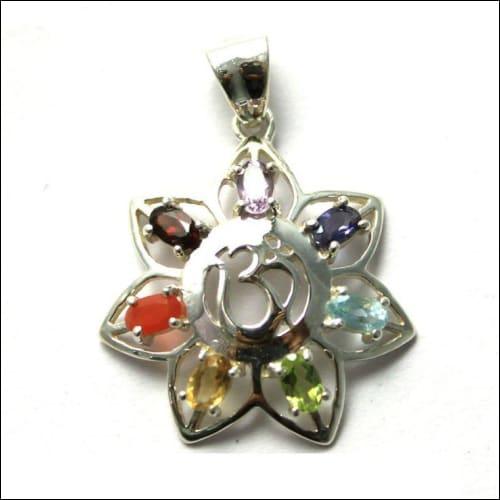 OM Flower Style Chakra Silver Pendant featuring multistone embellishments, showcasing intricate design and craftsmanship.
