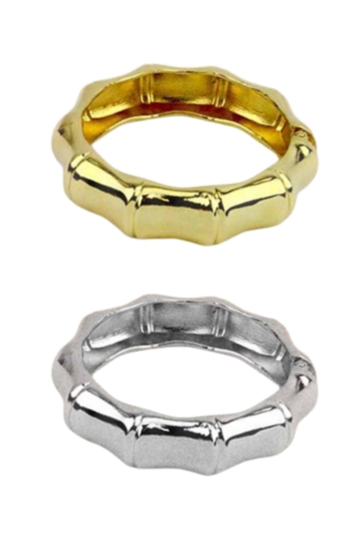 Elegant Open Cuff Bracelet with gold and rhodium plating, featuring a bamboo hinge design.