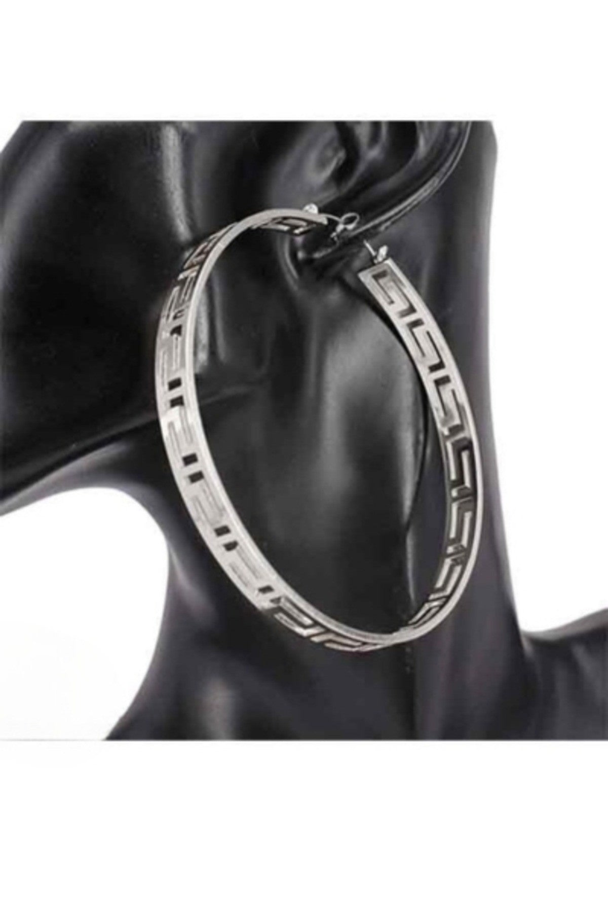 Open Hoop 80mm Greek Earring with lever back closure, showcasing a sleek and elegant design.