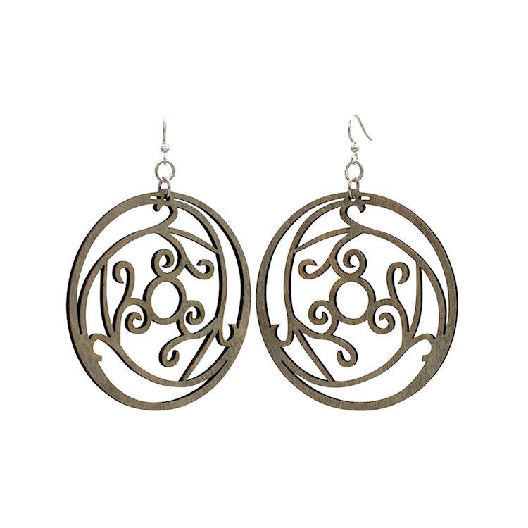 Optical Filigree Earrings #1680 made from sustainably sourced wood, featuring intricate laser-cut design in gray color.