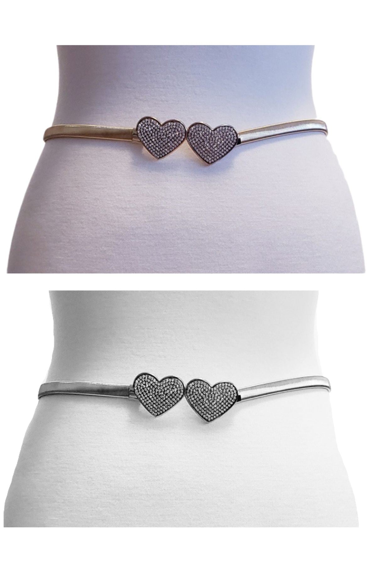 A stylish OUBLE rhinestone heart buckle stretch belt featuring a sparkling heart-shaped buckle and adjustable stretchable design.