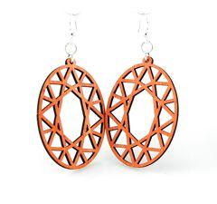 A pair of vibrant Tangerine Oval Hex Earrings made from sustainably sourced wood, featuring a unique geometric design and silver-finished hypoallergenic ear wires.