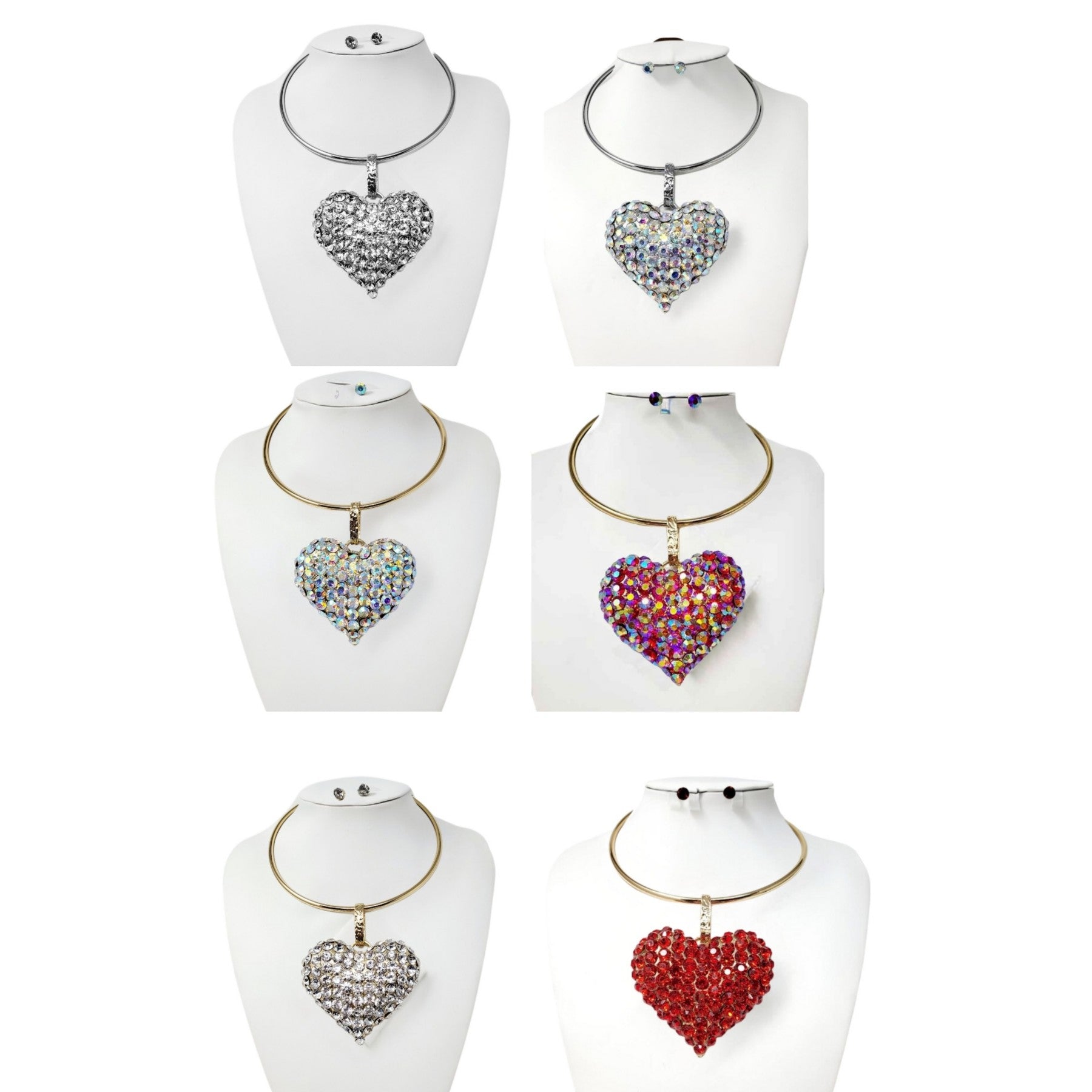 Over Size Heart Stone Pendant Choker Necklace Set featuring a large 3.5-inch heart pendant and adjustable clasp.