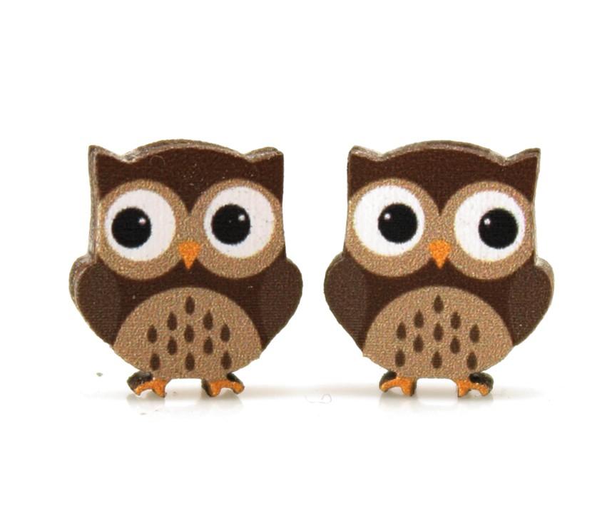 A pair of adorable owl stud earrings made from sustainably sourced wood, featuring a cute woodland design and silver plated brass ear studs.