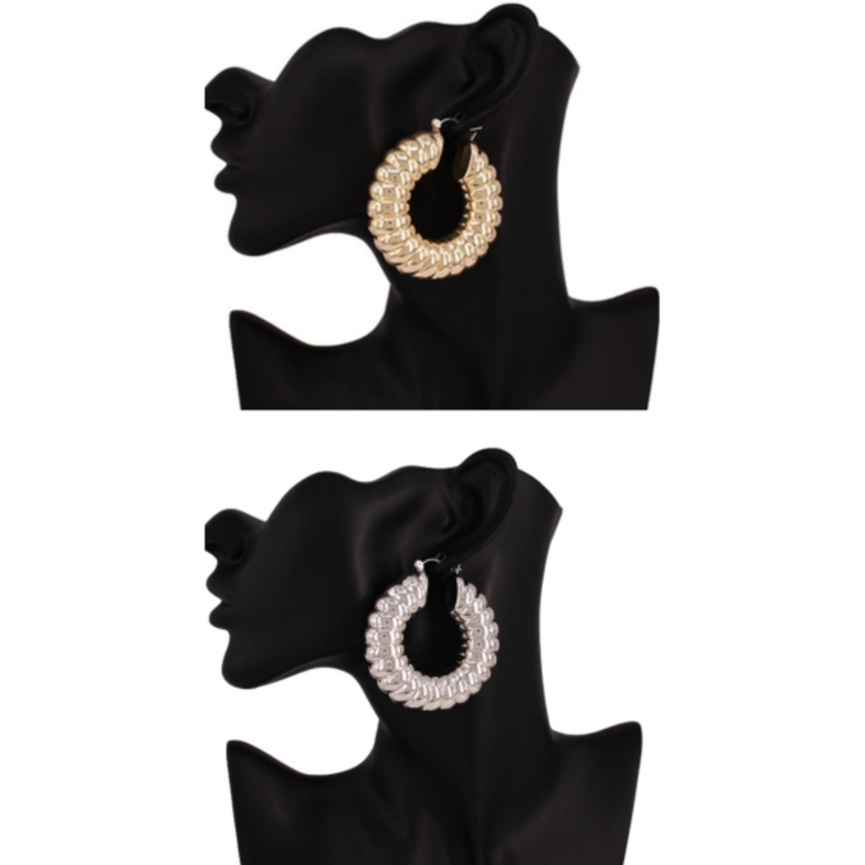 A pair of stylish patterned metal thick hoop earrings with a 2-inch diameter and 0.5-inch thickness, featuring a secure latch back closure.