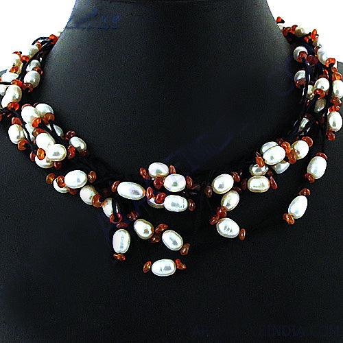 Elegant Pearl and Red Onyx Gemstone Necklace with 925 Silver Chain, showcasing a stunning contrast of colors and handcrafted design.