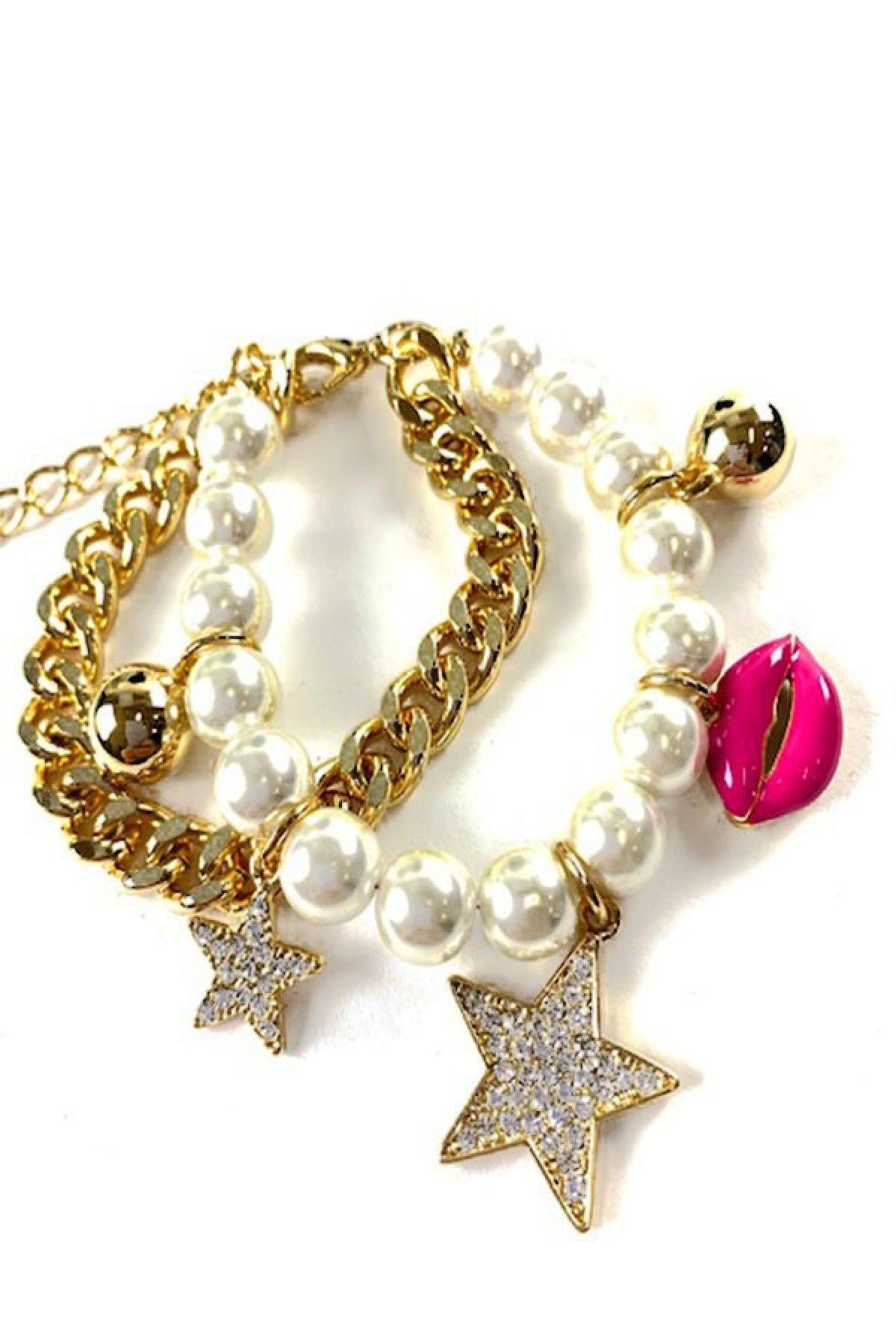 Elegant Pearl Studded Double Chain Bracelet with crystals and charms, featuring a lobster claw clasp and extender.