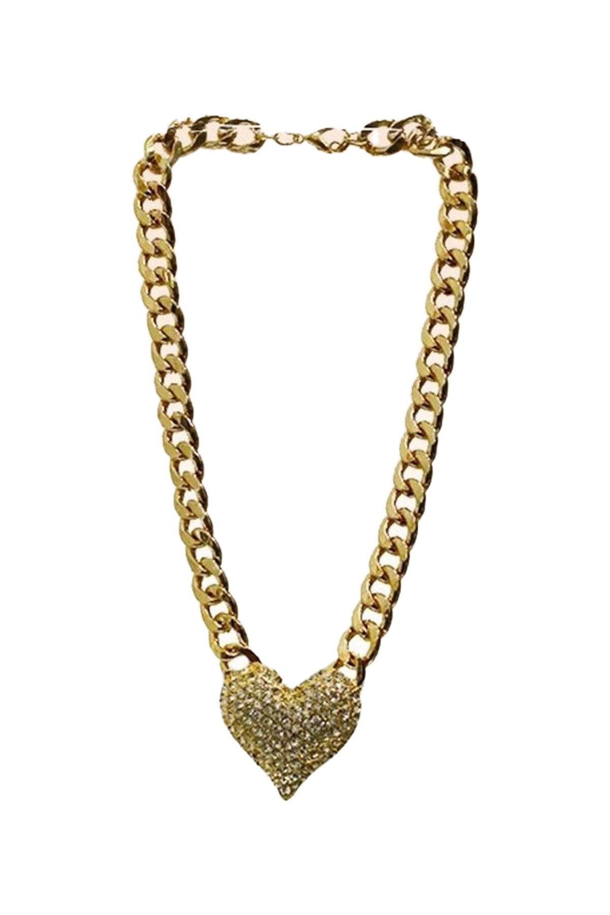 A stylish gold and rhodium plated chunky chain necklace featuring a heart pendant with a colorful stone, perfect for fashion enthusiasts.