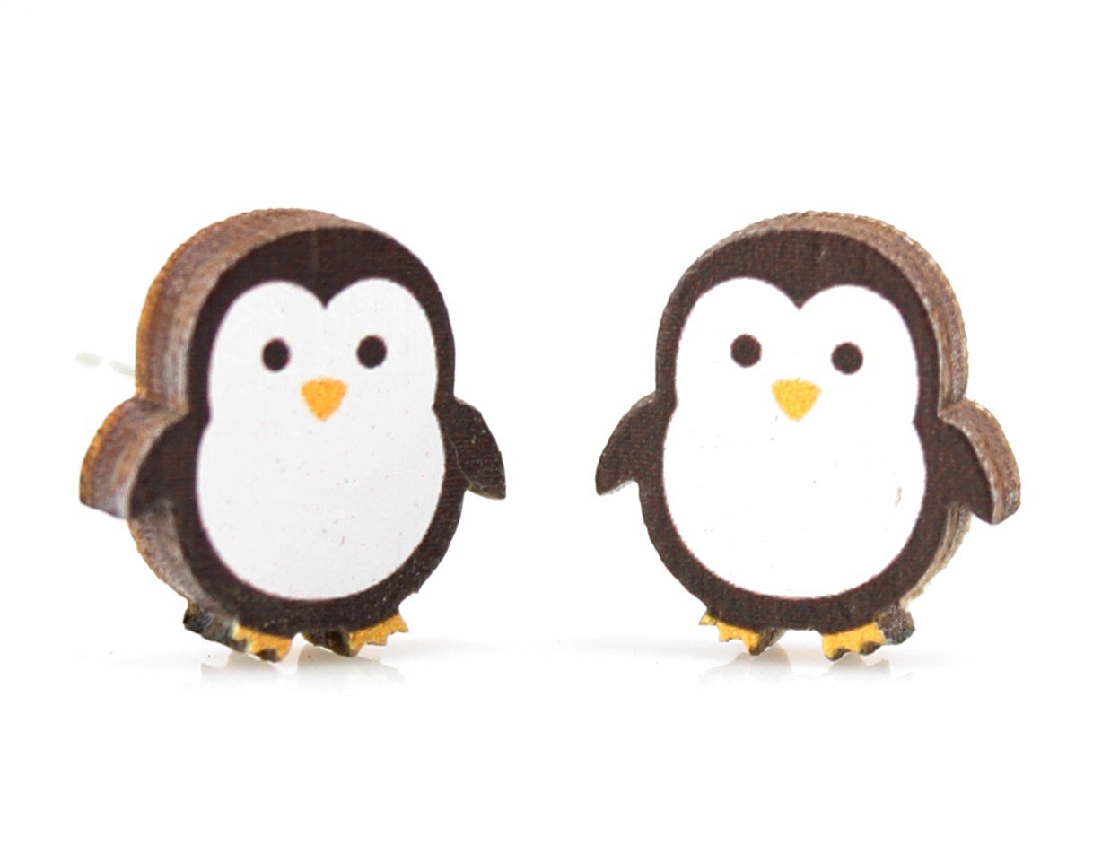 A pair of adorable Penguin Stud Earrings made from lightweight laser-cut wood, featuring a cute penguin design on the front and a natural wood back.