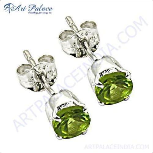 Elegant Peridot Silver Earrings featuring round peridot gemstones set in a classic sterling silver design.