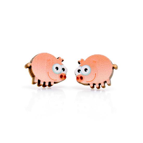 Colorful Pig Stud Wood Earrings #3073 made from sustainably sourced wood, featuring a pineapple design and silver plated brass ear studs.