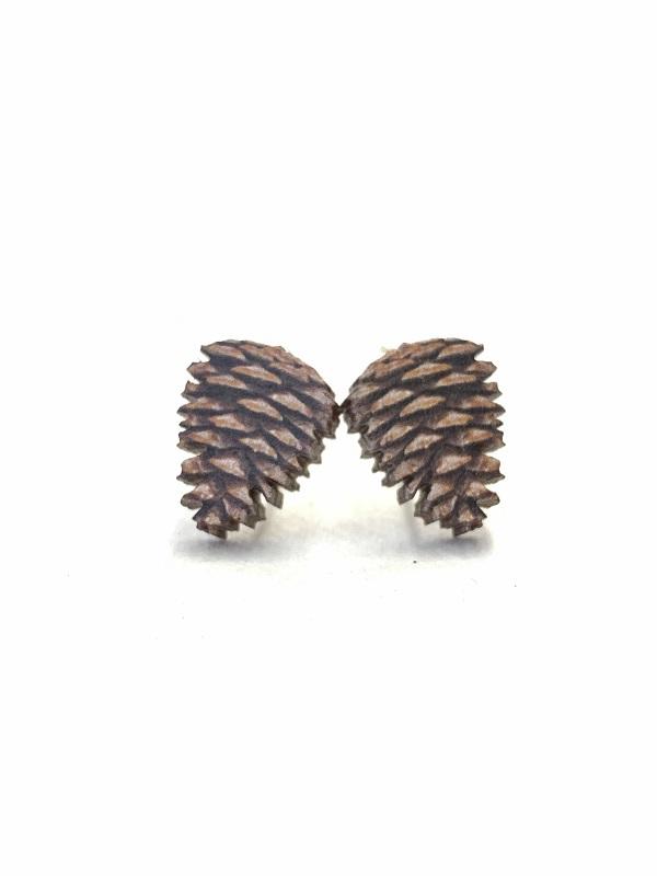 Pine Cone Stud Earrings #3056 made from sustainably sourced wood, featuring a charming design and hypoallergenic stainless steel ear wires.