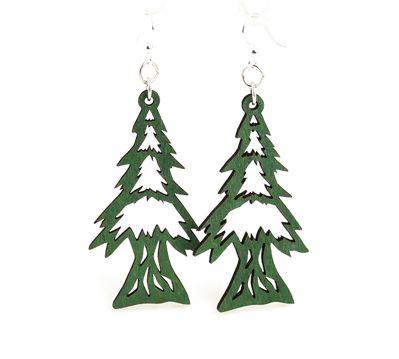 Pine Tree Earrings #1241 made from sustainably sourced wood, featuring a Kelly Green color and hypoallergenic stainless steel ear wires.