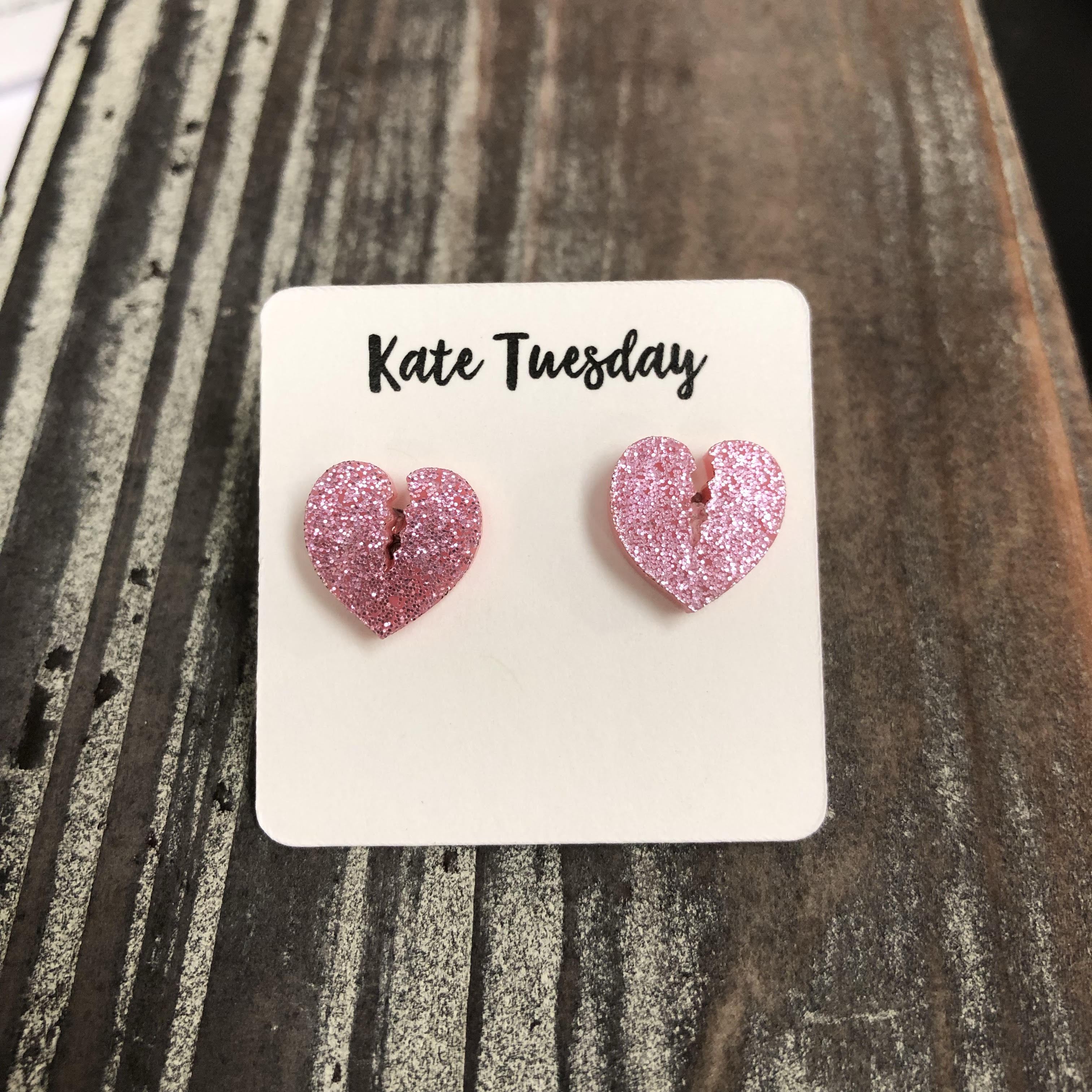 Pink Broken Heart Glitter Stud Earrings with sparkling finish, designed for stylish wear.