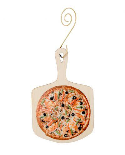 Eco-friendly Pizza Ornament #9945 made from birch wood or recycled paper, featuring a laser-cut design and glossy finish.