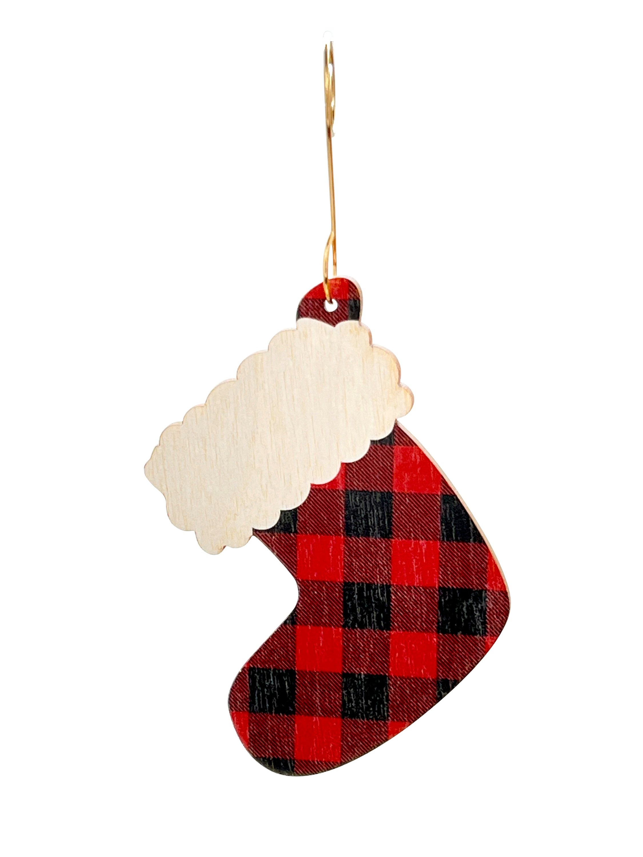 Eco-friendly Plaid Stocking Wood Ornament made from birch wood with a glossy finish, featuring a plaid design.