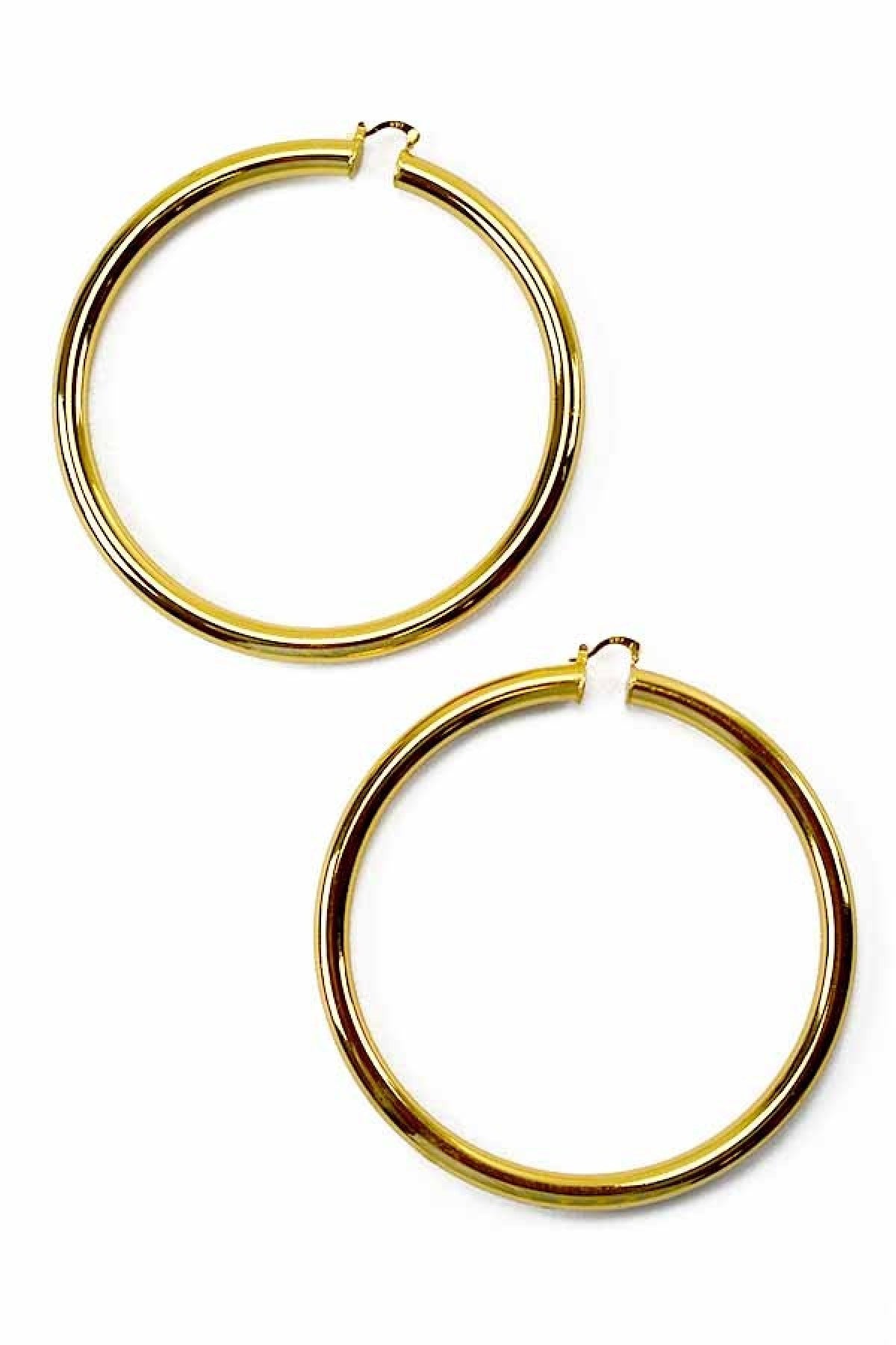 A pair of elegant plain thick hoop earrings, 3.5 inches in diameter, featuring a secure latch back closure, perfect for everyday wear.