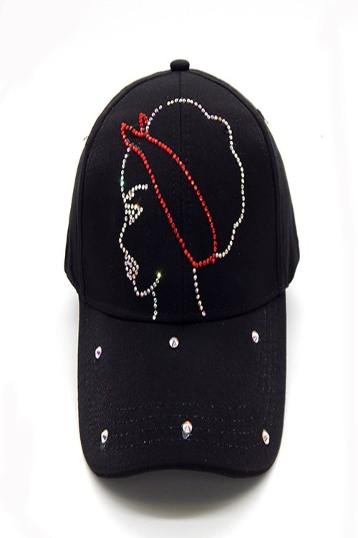 Stylish polyester afro ball cap adorned with rhinestones, featuring an adjustable velcro back closure.