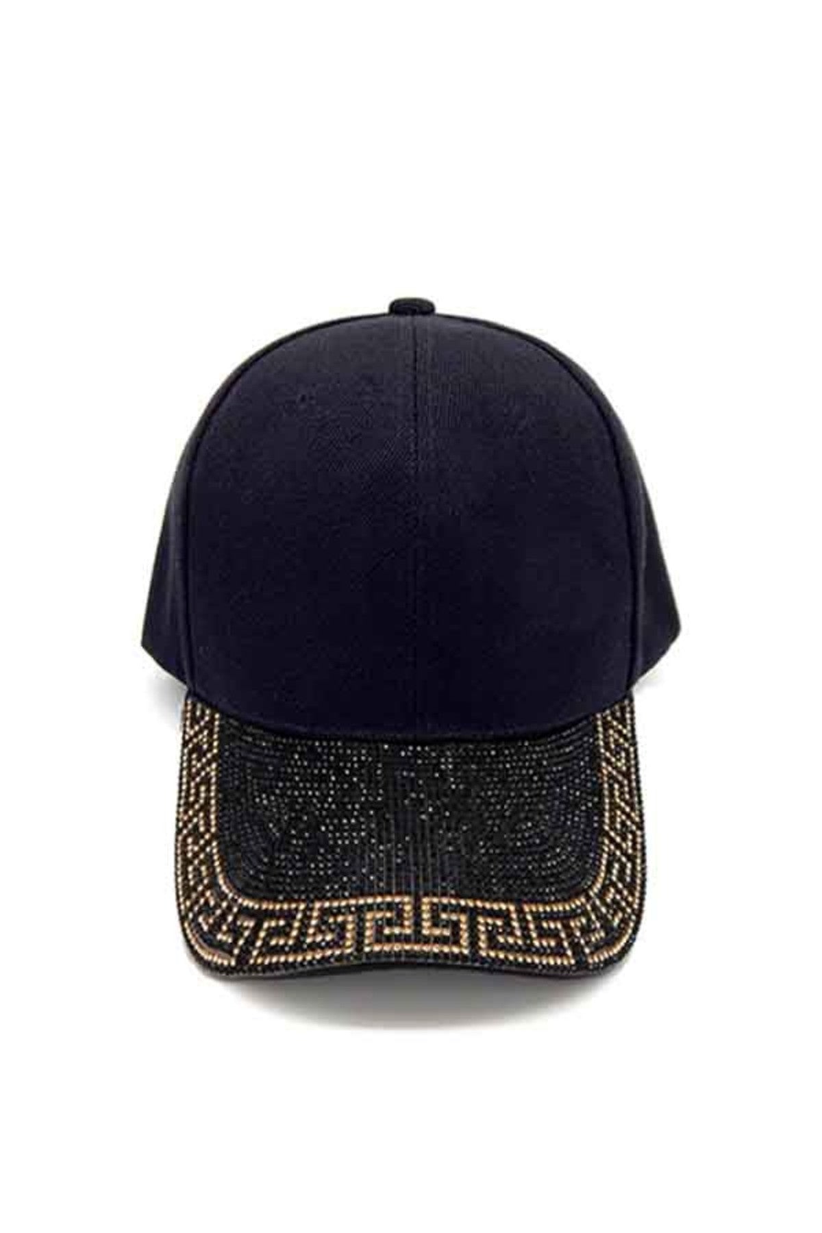 A stylish polyester ball cap featuring a rhinestone Greek key design, adjustable Velcro back closure, and a 7-inch diameter.